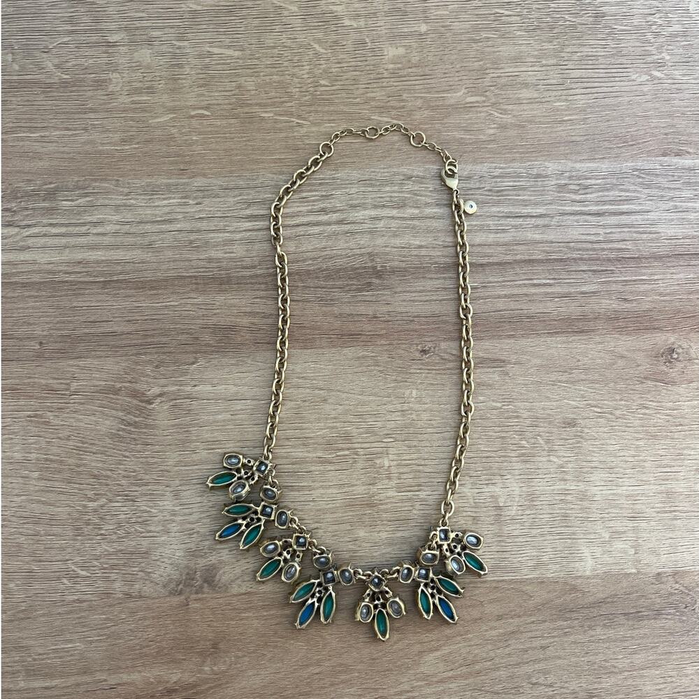 Vintage J Crew Gold Tone Statement Necklace Green Blue Rhinestones 21" - Picture 3 of 4